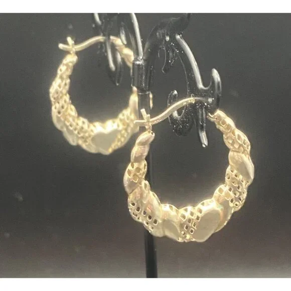 Sterling Silver 925 Heart Hoop Earrings Textured Diamond Cut Thailand 1" 2.62g - Picture 3 of 9